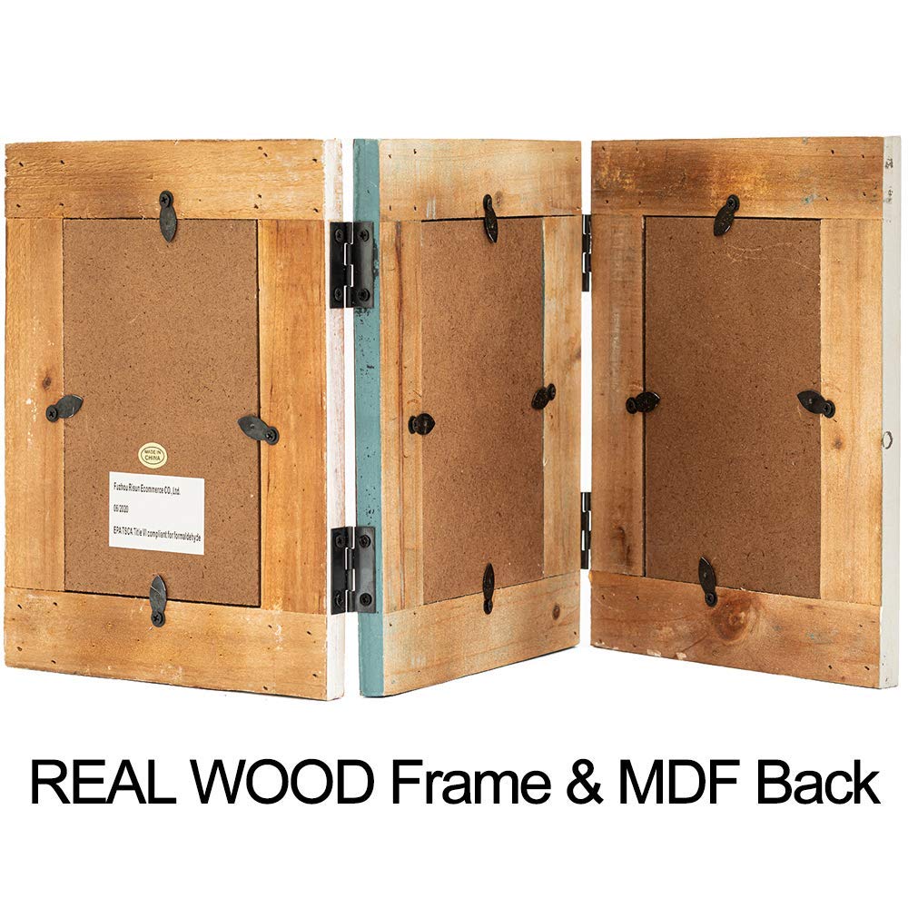 RiteSune Rustic 3 Picture Frame 4X6 Triple Hinged Distressed Photo Frame for Tabletop Display, Picture College Frame Present for